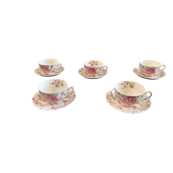 Johnson Brothers VTG Rose Chintz Pink Floral England 5 Teacup and Saucer Set - Picture 1 of 12